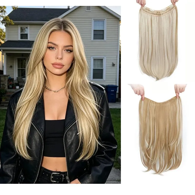 22Inch Synthetic Long Straight Layered Clip-in Hair Extension V-shaped Black Blonde Invisible Hairpiece for Women — image 2