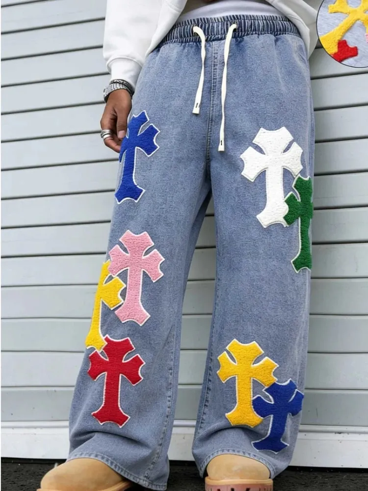 Men's Colorful Cross Embroidered Baggy Jeans Elastic Waist Wide Leg Streetwear Denim Pants Hip Hop Y2K Style Fashion Trousers