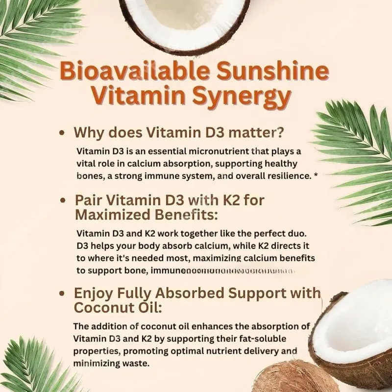 Vitamin D3 K2 Softgels D3 10000 IU + K2 MK-7 200 Mcg Softgels with Coconut Oil 2-in-1 Vitamin D & K Daily Supplement 180 Count