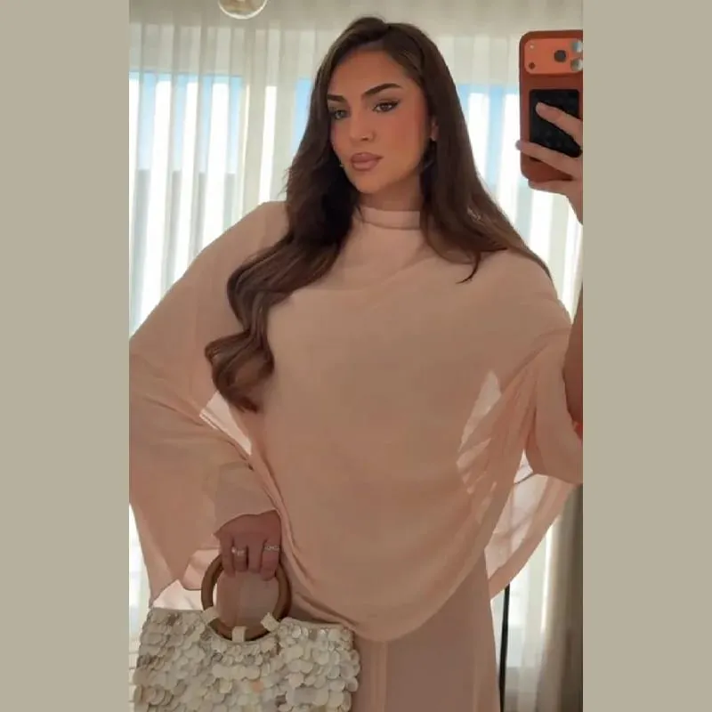 Minimalist Pink Chiffon Stand Collar Dresses Women Trendy Slim Fit Layered Shawl Sleeve Vestido Summer Beach Vacation Daily Gown