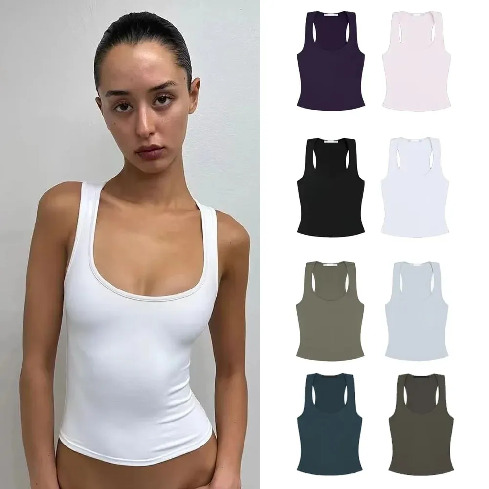 Tank Top with Wide Shoulder Straps for All Seasons Racerback Sports Vest Everyday Sports Innerwear High-Elastic Solid Color Slim-Fit Top Multi-Color Basic Casual Tank Top — image 2