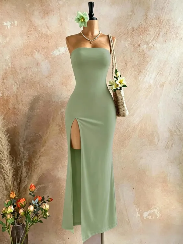 Robe mi-longue moulante sans bretelles pour femmes, haut tubulaire, fente latérale haute, couleur unie, noir, sans manches, coupe cintrée, longue robe de soirée