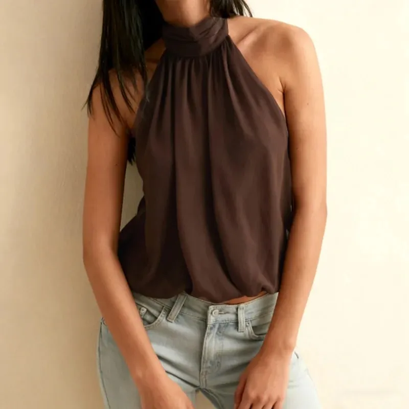 Women Puffy Halter Top Bubble Hem Pleated Halterneck Tank Top Elegant Sexy Backless Going Out Crop Camisole