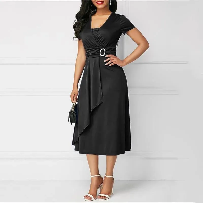 We.Fine Dress Women Solid Color Short Sleeve V Neck Asymmetric Hem Waist Midi Party Dress Elastic Female Dresses Woman Vestidos