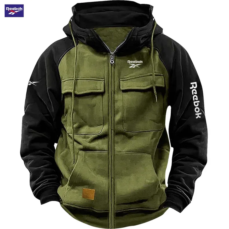 2026 Reebok New Autumn-Winter Men's Hooded Patchwork Casual Sweatshirt Loose-Fit Fashionable Youth Multi-Pocket Padded Hoodie
