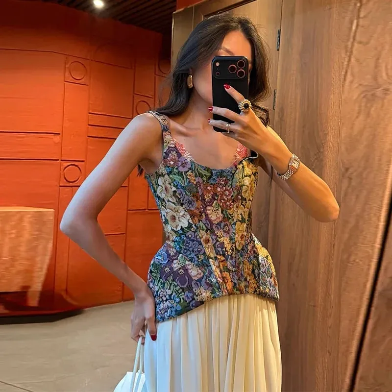 Elegant and Sexy Retro Printed Camisole Tight Corset Women's Backless Zipper Sleeveless Slim Fit High Street Party Vacation Top