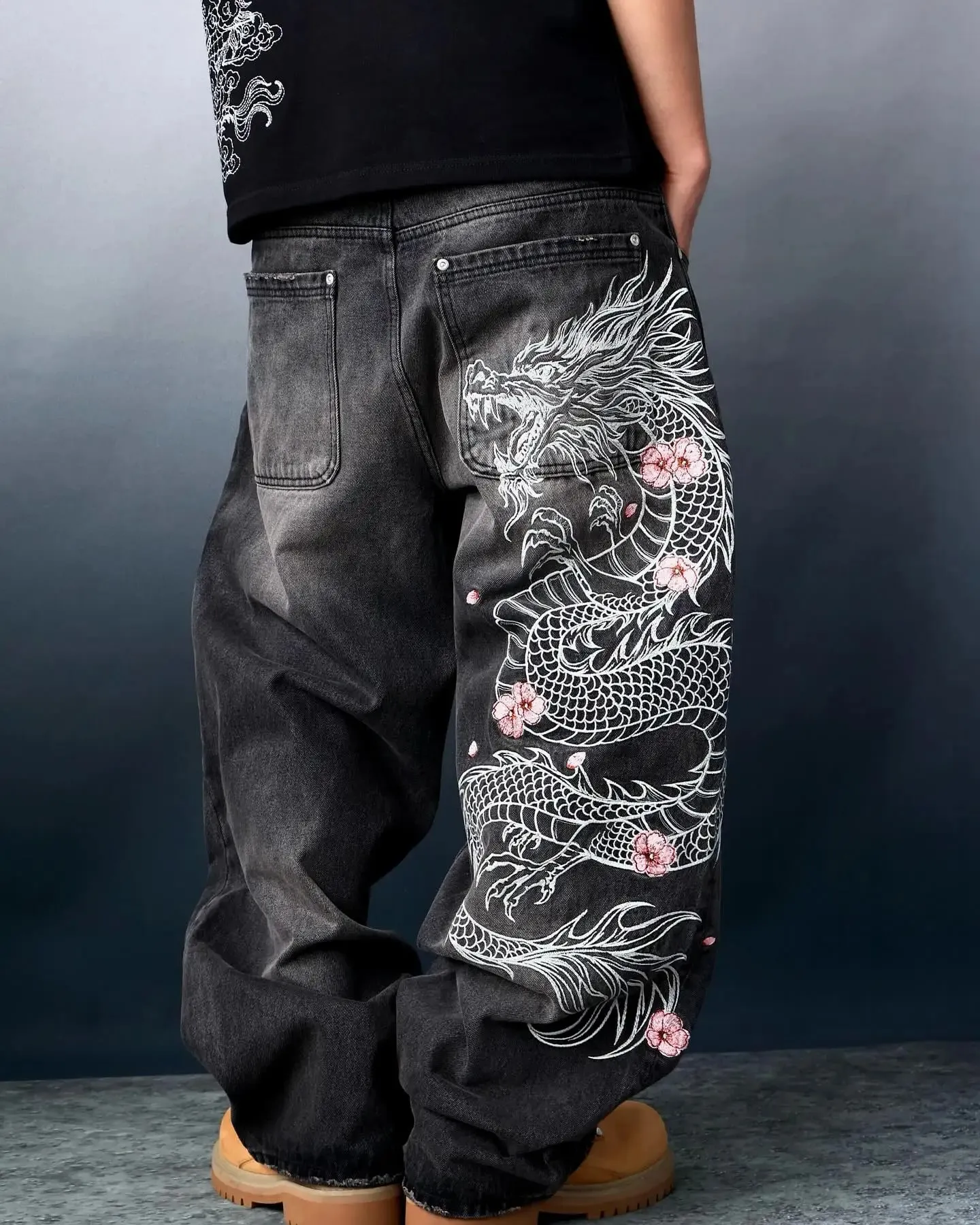 Y2K Vintage Baggy Jeans Men Orange Graffiti Print Wide Leg Skate Pants Retro 90s Hip Hop Streetwear Dark Denim Trousers