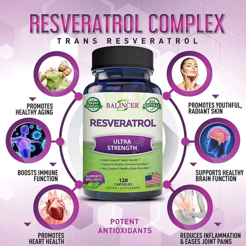 Il complesso di resveratrolo Balincer favorisce la salute cardiovascolare Protegge le arterie Rinforza il sistema immunitario Promuove la pelle liscia