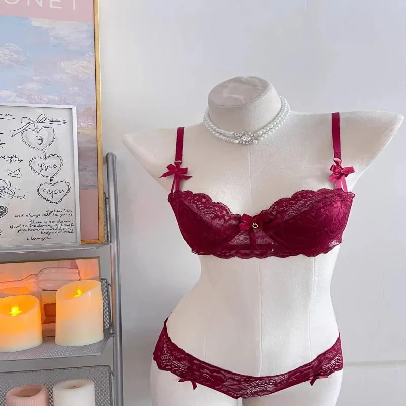 Elegant Lace Half Cup Bra Set Women Soft Underwire Gathered Thin Support Modest Exquisite Lace Comfort Lingerie Set 4 Colors 32-