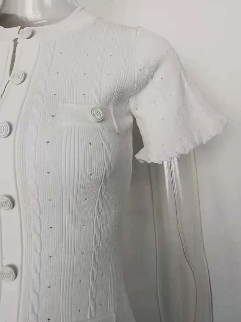 Vintage Cable Knit Midi Dress Button Front Ruffled Short Sleeve Pocket Design Elegant Party Casual Knitted Dress