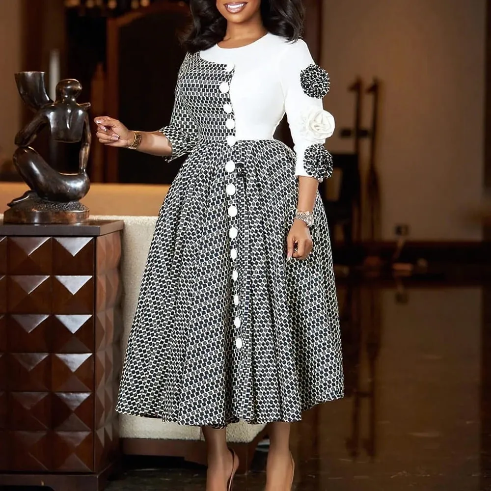 Elegant Dresses for Women 2025 Fall Fashion African 3/4 Sleeve Party Birthday New Robe Chic 3D Flower Plaid Evening A-Line Dress