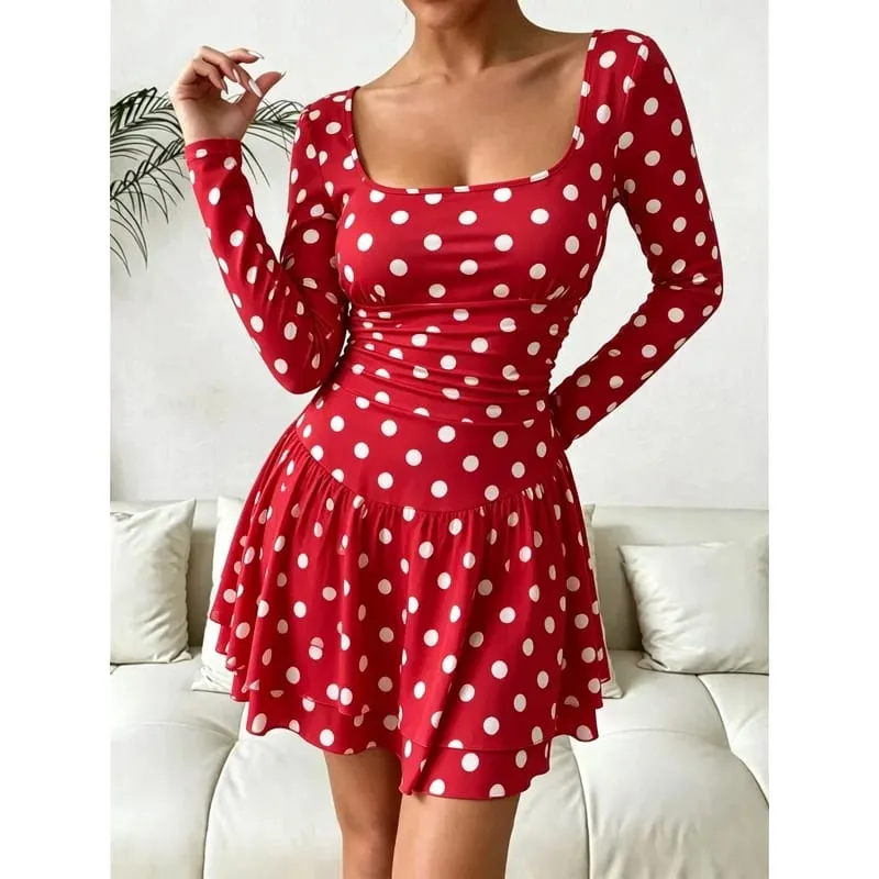Women's Autumn Polka Dot Print Square Neck Long Sleeve Dress Waist Cinched A-Line Mini Skirt Sexy Fashionable Length