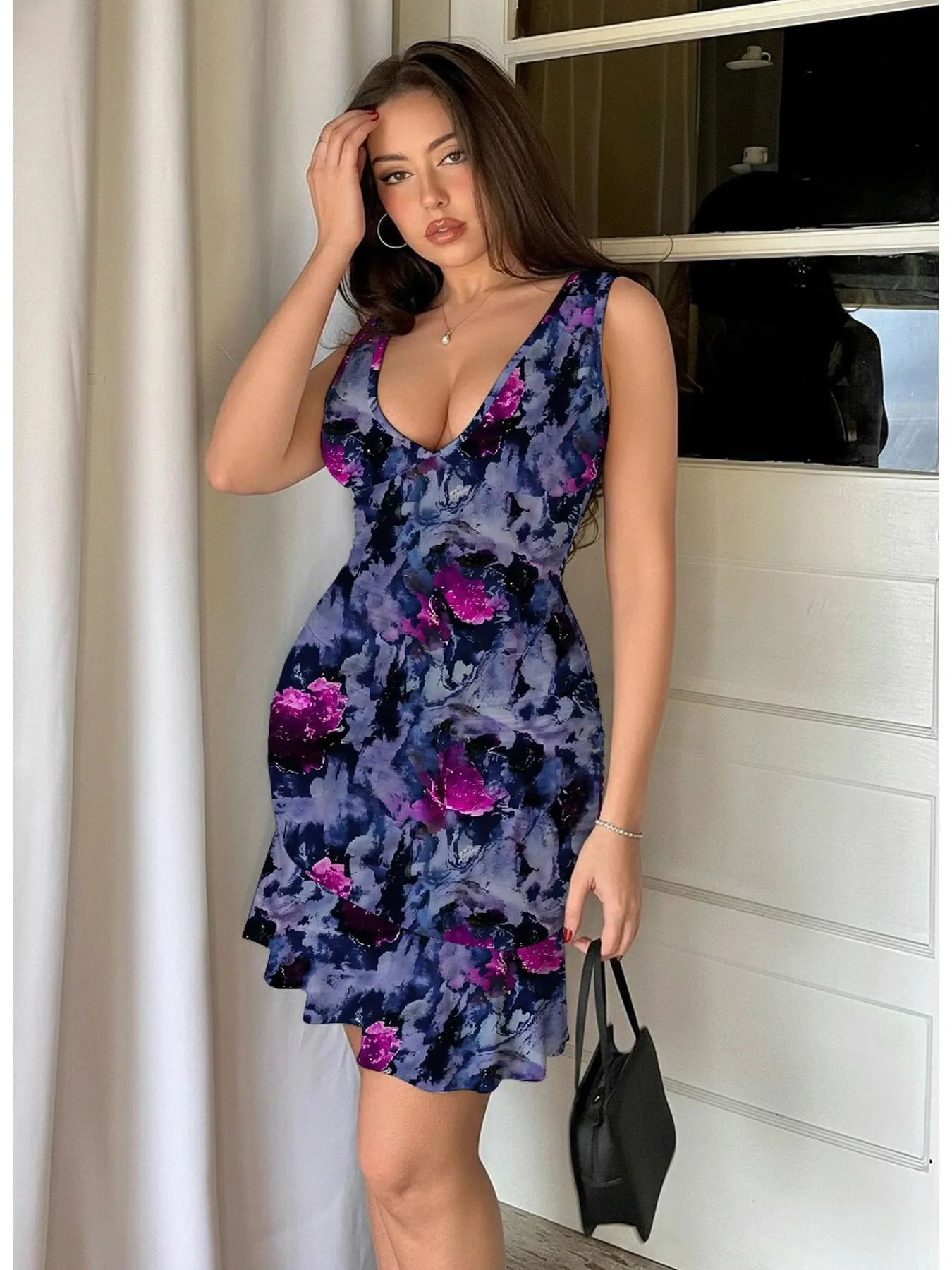 Gradient Floral Sleeveless Deep V Bodycon Dress Sexy Fitted Waist Ruffle Hem Evening Wear Wrinkle-Resistant Polyester