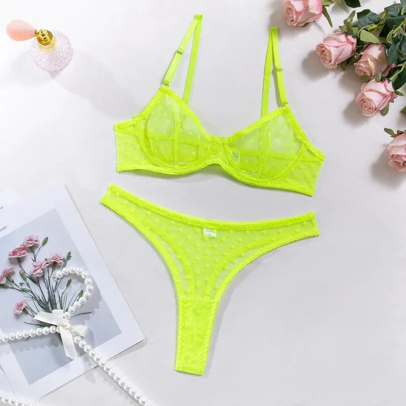 Sexy Polka Dot Women's Underwear Neon Green Bra with Support Brief Set Women 2 Pieces Short Skin Care Kits Exotic Sets