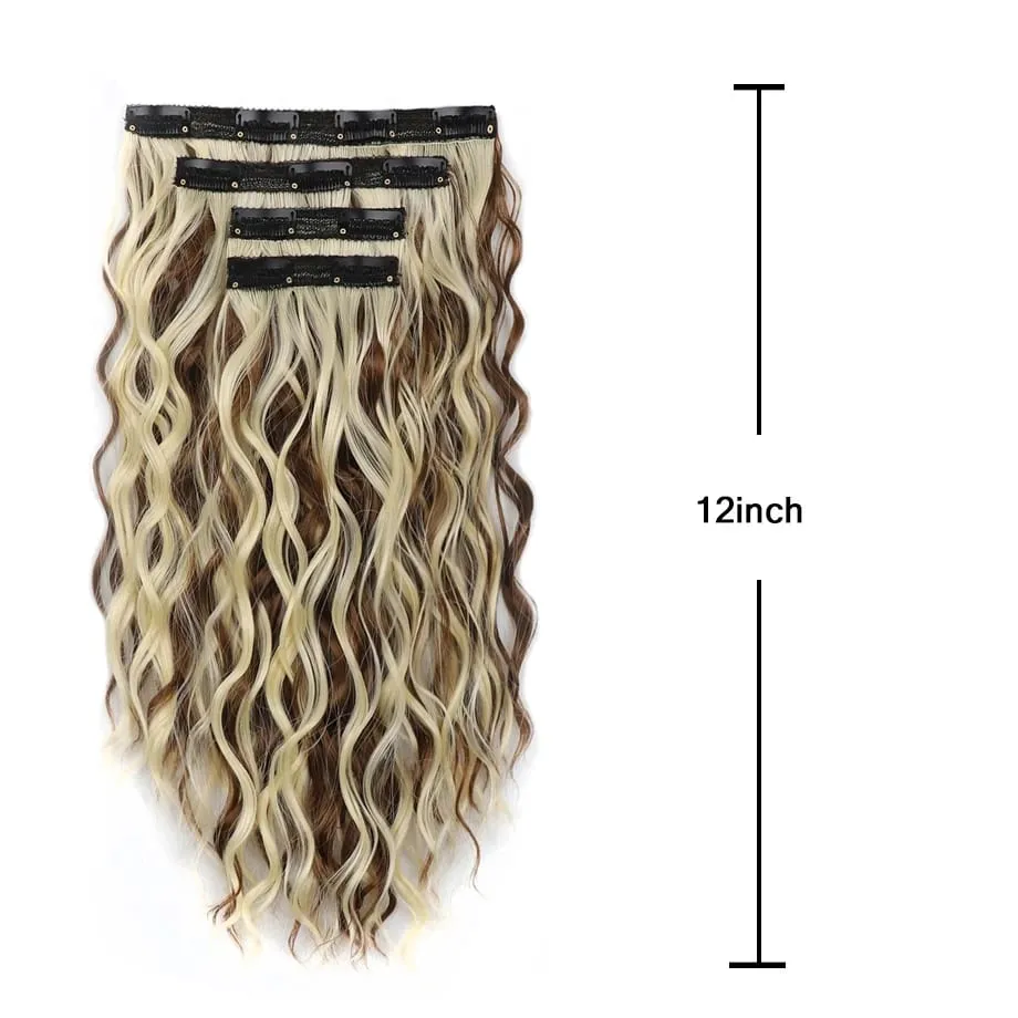 4Pcs Curly Clip in Hair Extension Synthetic Hair Mixed Color Silky Soft Natural Look Invisible Lace Weft Hairpieces for Women