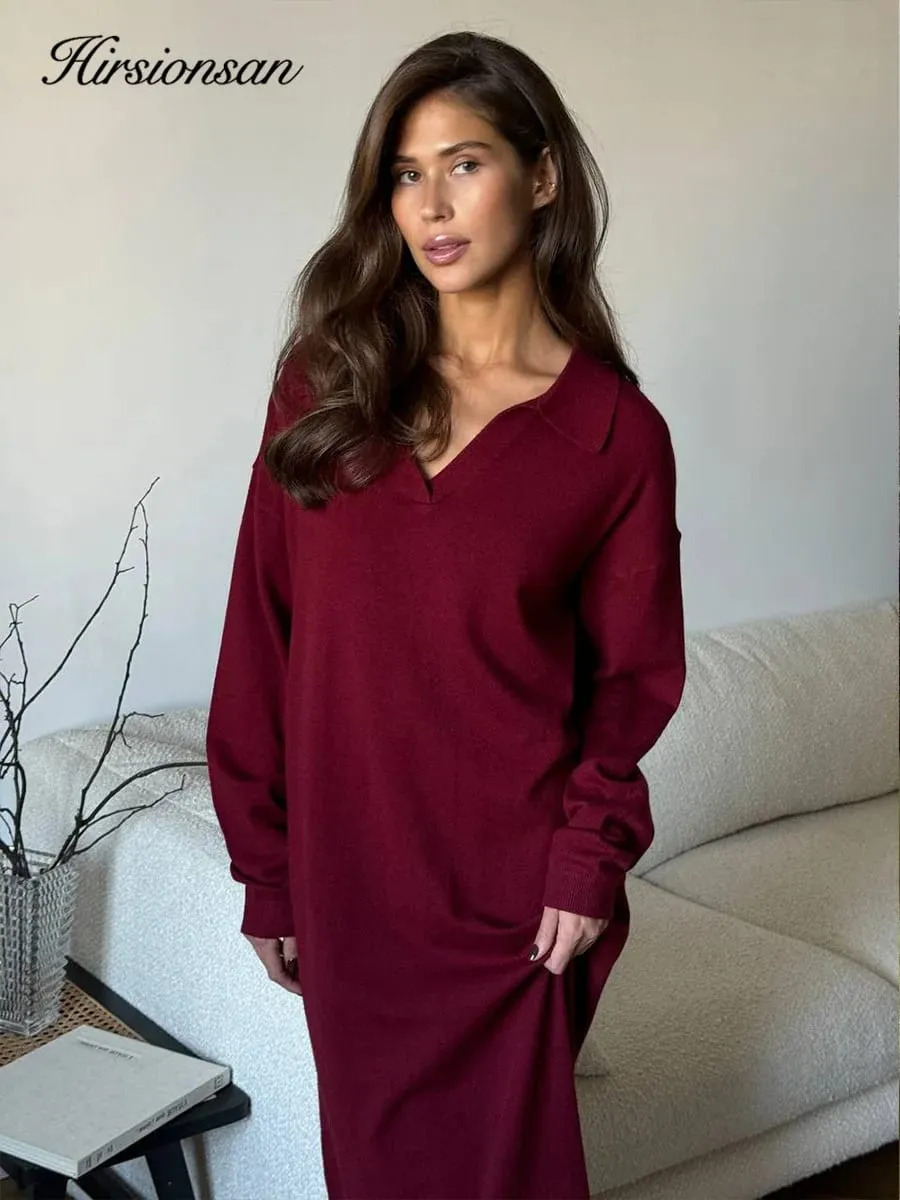 Hirsionsan Gaun Sweter Leher Polo Longgar Musim Gugur Musim Dingin Lengan Panjang Gaun Rajut Solid Elegan Lembut Wanita Pakaian Baru 2025 Wanita