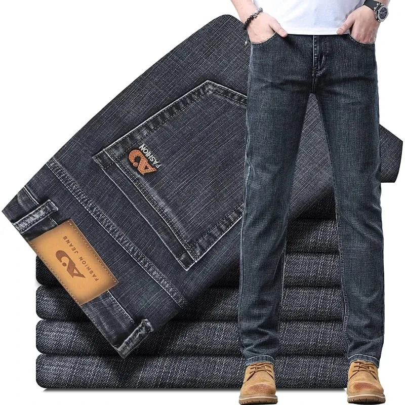 2025 Brand New Men's Slim Thin Jeans Retro Light Blue Cotton Stretch Denim Pants Male Fashion Casual Brand Trousers