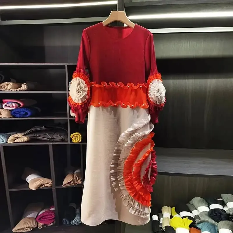 Pleated Tie Flower Long Sleeve Women's Dress Chic New Loose Colorblock Patchwork Design Beading Famale Clothing 2DB6651