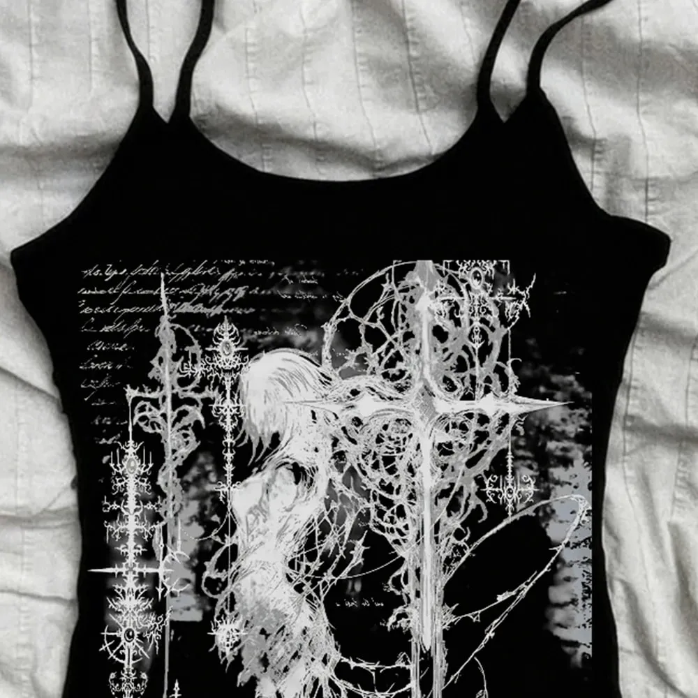 2000s Y2k Tops With Suspenders Aesthetic Women's Blouses Goth Clothes Tanks & Camis Crop Top Women Emo 90s Vintage Clothes Woman