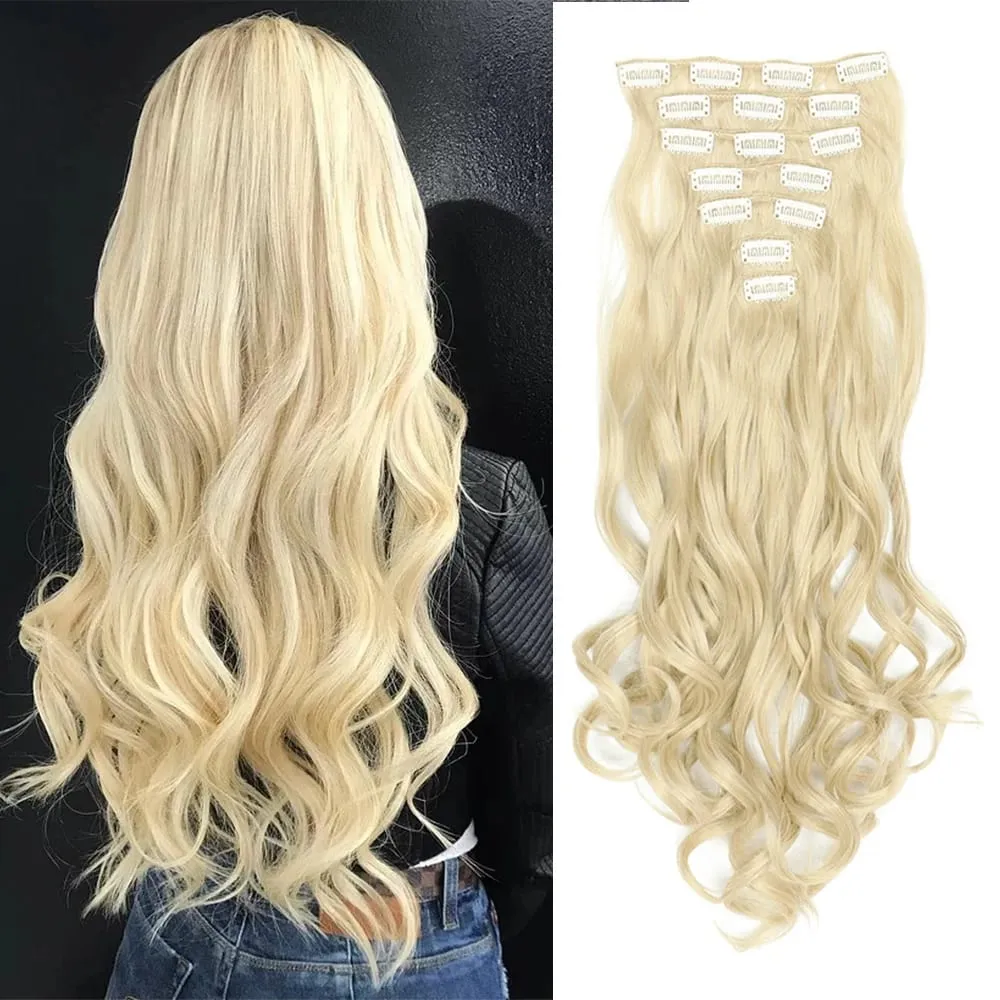 Synthetic 24Inch 16Clips Long Curly Hair Extension Heat Resistant Hair Extension Clips In Ombre Black Brown Blond Women