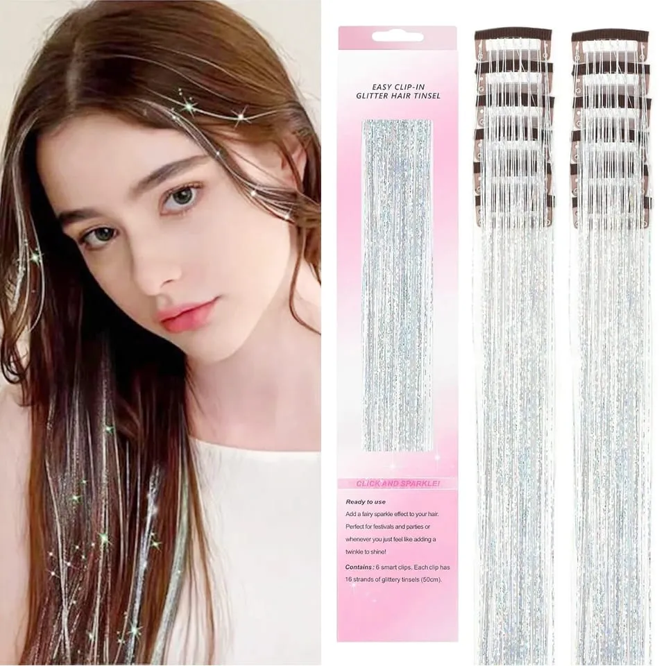 Synthetic 12Pcs Hair Tinsel Clip In Glitter TinselStraight Hair Extensions Tinsel Kit Shiny Hair Accessories For Women