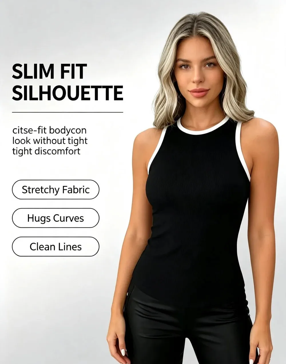 2026 New Contrast White Trim Ribbed Tank Tops Women Sleeveless Round Neck Slim Fit Black Basic Cami Vest Streetwear