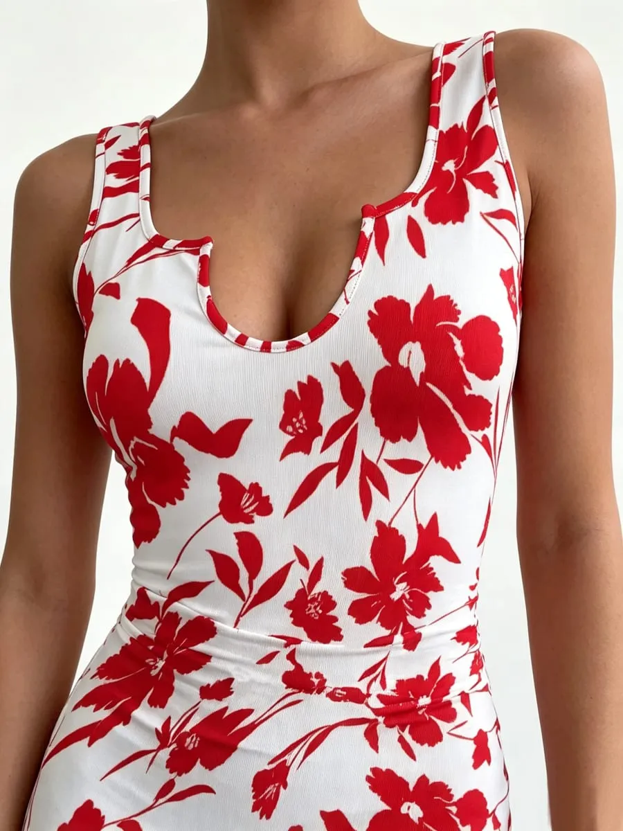 Elegant Digital Print Sleeveless Square Neck Mini Skirt Long Dress Casual Comfortable Solid Color Fashion