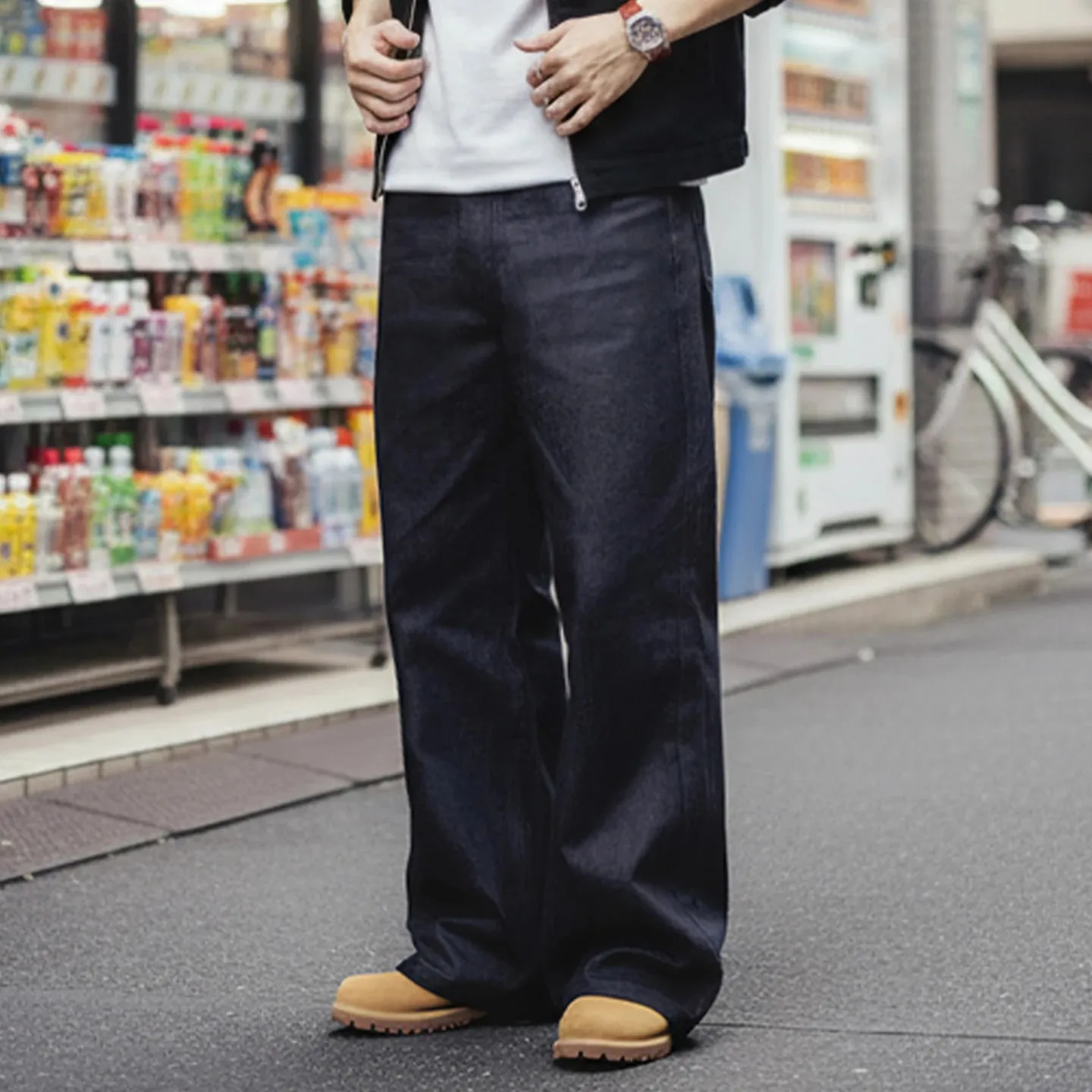 Calça jeans masculina vintage Maden de 15,6 onças ourela crua com perna larga com zíper YKK e ajuste reto para outono e inverno