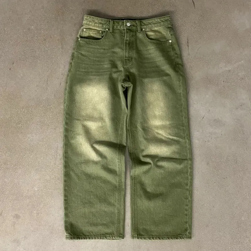 Y2K Street Matcha Denim Jeans Pocket Green 6 Ball Embroidery Denim Pants London High Street Trend Streetwear Unisex Baggy Jeans