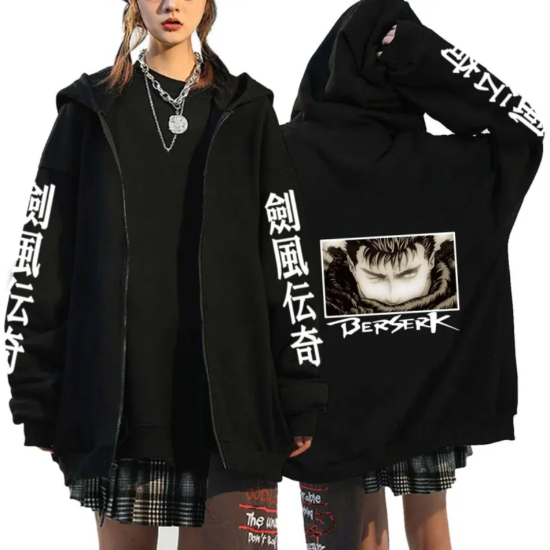 Berserk Zipper Hoodies Lalaki Babae Long Sleeve Sweatshirt Fleece Oversized Jackets Coats Nakakatuwang Berserk Japanese Anime Streetwear