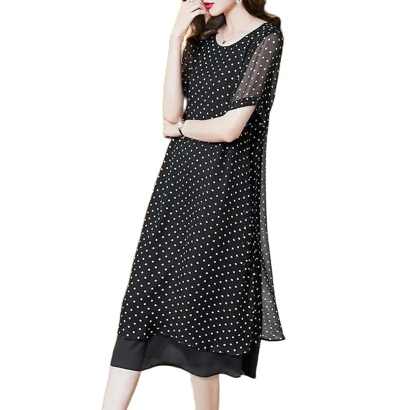 Verão mangas curtas cobrindo a barriga high end chiffon vestido 2026 novo tamanho grande solto dot estilo francês vestido longo feminino