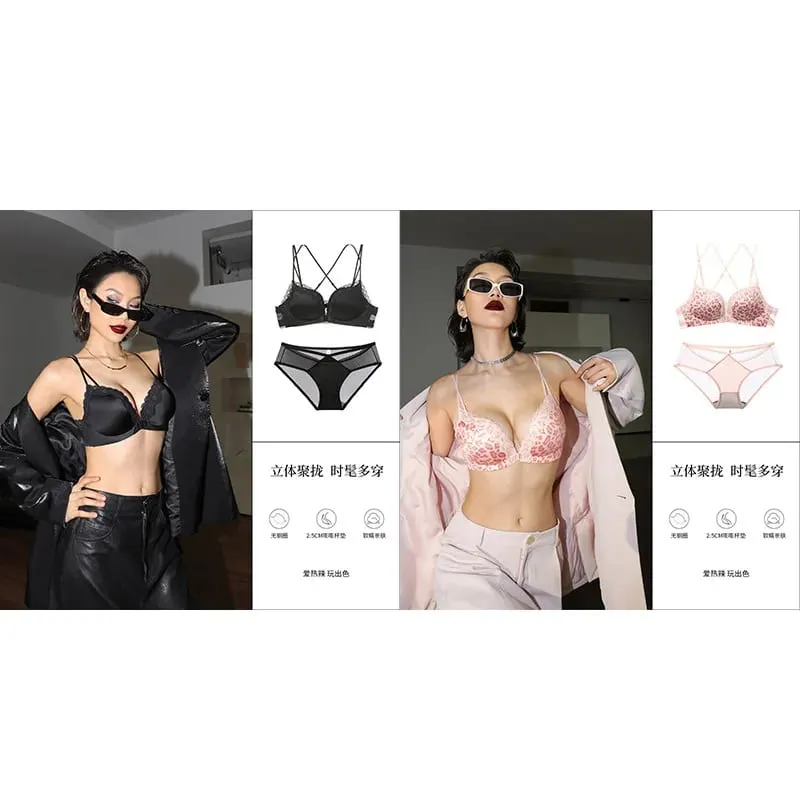 Victoria Style Wireless Lingerie Set Pink Leopard Pattern Front Closure Bra Sensual Back Push Up for Small Bust 32-38