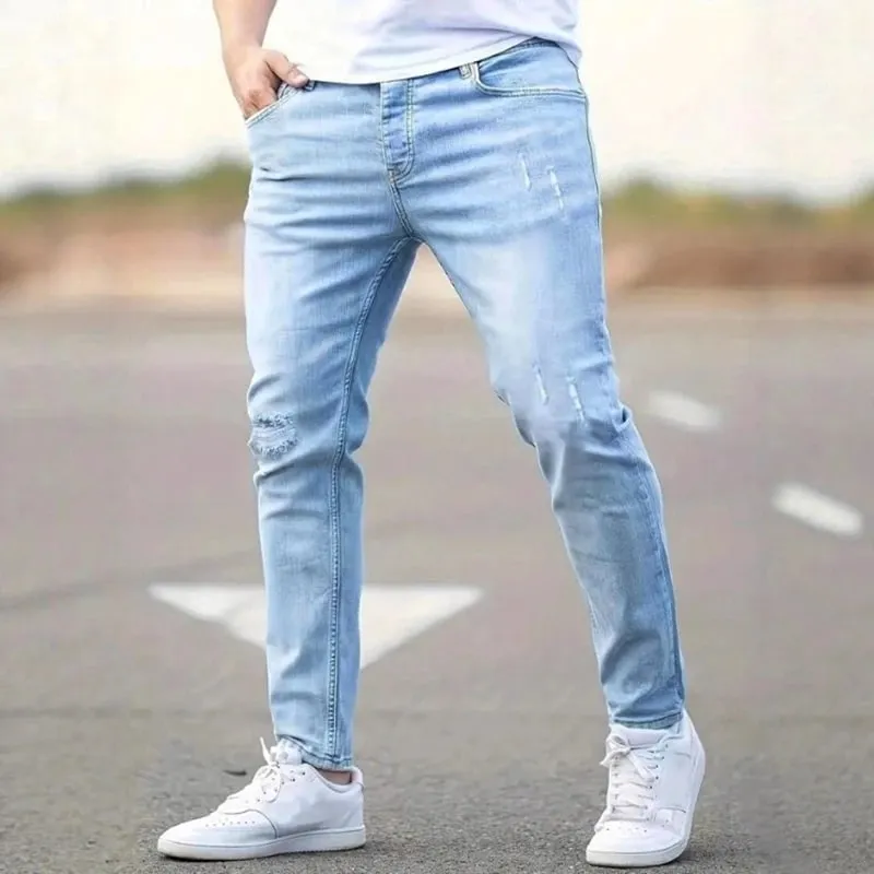 Men's American Retro Hole-Punched Stretch Slim Fit Jeans Zipper Casual Streetwear Denim Pants Classic Black Blue Skinny Trousers — image 10