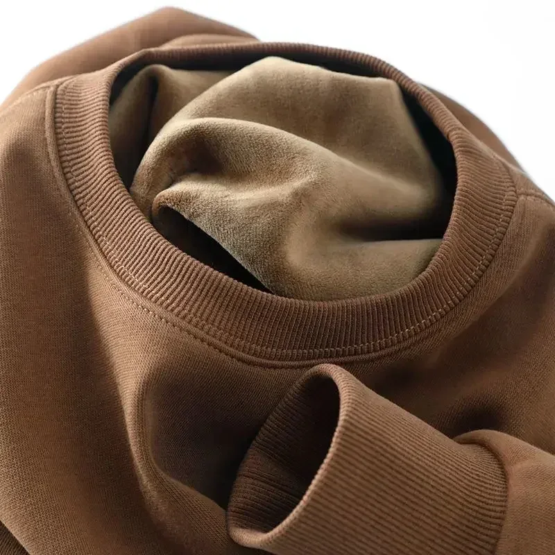 Sudadera gruesa de felpa de algodón de 600G, suéter fino de felpa pesado, suéter de cuello redondo sólido, suéter cálido para otoño e invierno