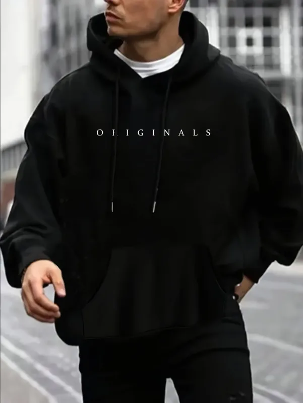 Men's autumn and winter casual fashion loose ORIGINALS letter printed long sleeved hooded sweatshirt warm pullover