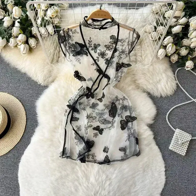 Women Sensual Lace Dress Women V-Neck Open crotch Slim Comfortable Dress Fashion Breathable Sheer Mesh Short Dress New