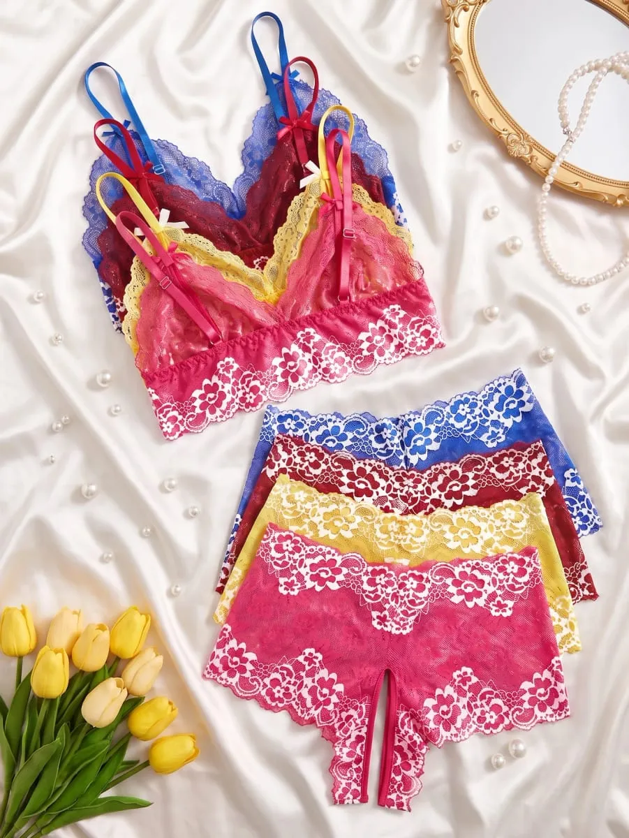 4 Pek Set Pakaian Dalam Renda Bunga Wanita Set Bra dan Seluar Dalam Seksi Tanpa Wayar Pakaian Dalam Bralette Tali Spaghetti Tunduk Pakaian Tidur 2026