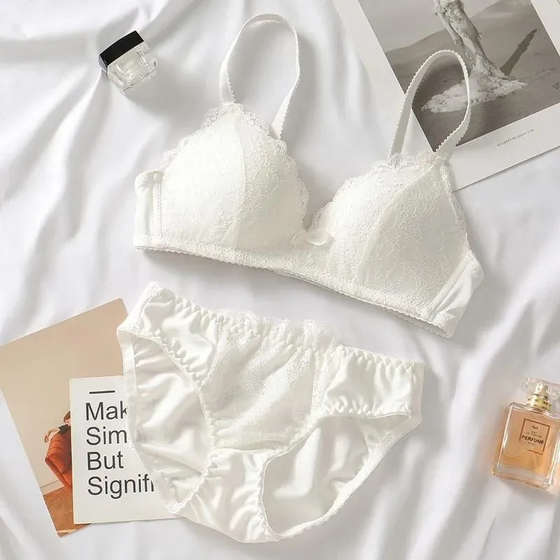 Women Lace Lingerie Set 32‑40ABC Cup Bow Decor Soft Comfort No‑Wire Bra And Briefs Breathable Intimate Underwear Suit