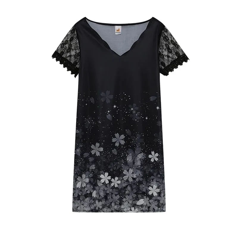 2026 New Women's New Positioning Printing Wave V-neck Lace Short-sleeved Dress