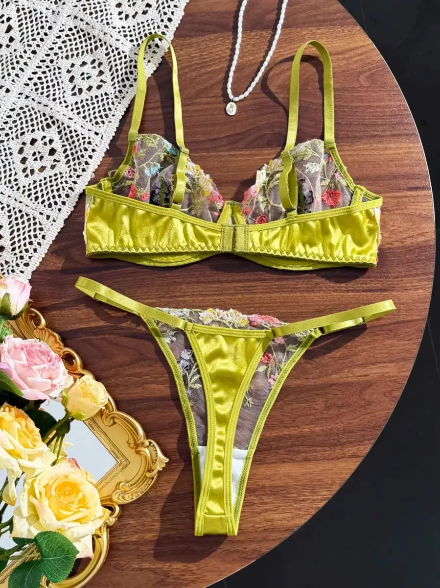 Women Floral Embroidery Lingerie Set Sheer Mesh Underwire Bra & Thong 2‑Piece Outfit Colorful Flower Intimate Sleepwear