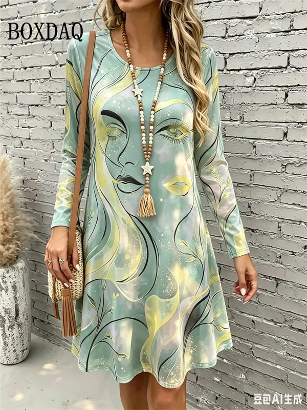 2026 New Women's Dresses Autumn Fashion Streetwear Abstract Painting Floral Print Dress Casual Long Sleeve Loose A-Line Dress