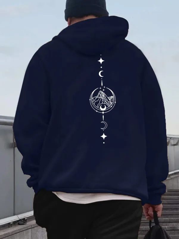 Men Celestial Mountain Back Print Hoodie Moon Star Vertical Line Art Graphic Hooded Sweatshirt Casual Outdoor Streetwear Kangaro