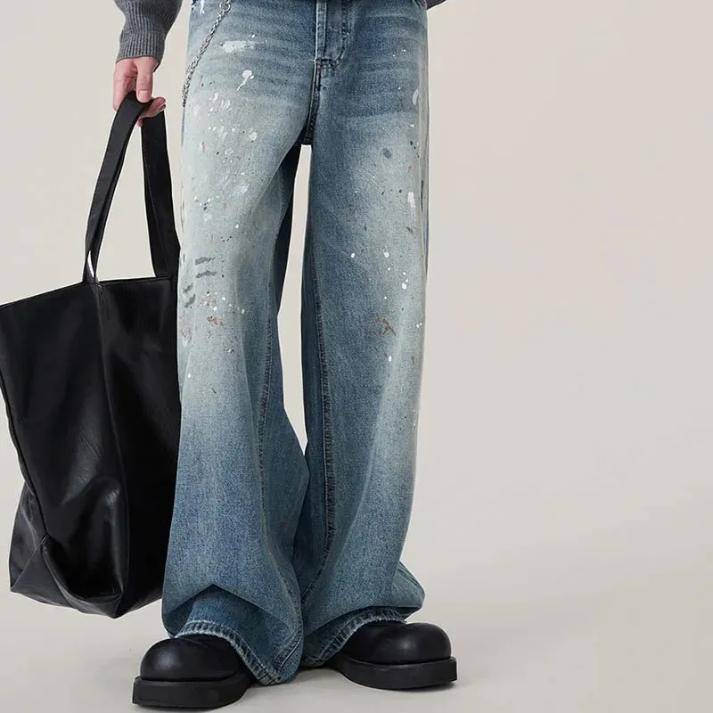 Autumn Korean Splashed Ink Jeans Men'S Straight Leg Pants Fashionable High Street Retro Loose Wide Leg Pants Design Pants