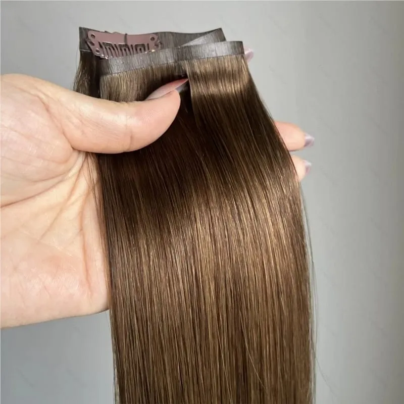Tape PU Clip In Hair Premium Remy Clip In Human Hair Extensions 7pcs Clip-on Hair 14"-24" 110G Balayage Ombre Mocha Brown Black