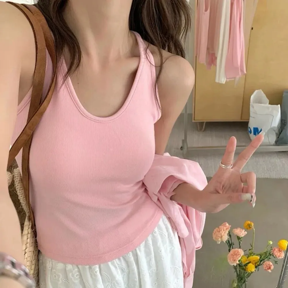 Korean Style with Chest Pad Strap Vest U-Neck Solid Color Backless Sleeveless Top Slimming Women Camis Summer
