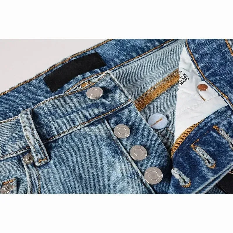 Men's Slim Taper Ripped Jeans Vintage Light Blue Wash Frayed Edges Button Fly High Street Style Denim Pants