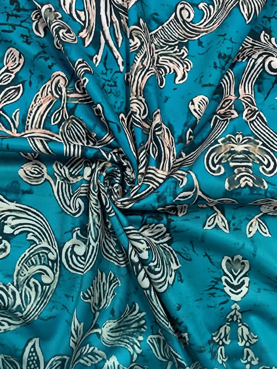 พลัสขนาด Teal Baroque พิมพ์ลายดอกไม้ Maxi Dress ฤดูร้อนลำลองแขนสั้นคอตักหลวม Long Sundress พร้อมกระเป๋า