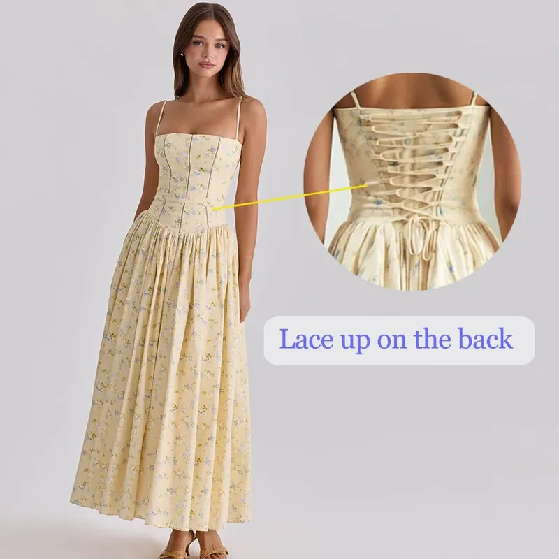 Mingmingxi Women Long Floral Print Spaghetti Strap Maxi Dress Summer Elegant Lace Up Dress Flowy Holiday Party Beach Wear Dress