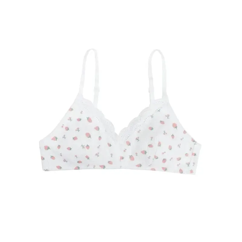 Japanese Sweet Lolita Bra&Panty Set Cherry Strawberry Print Wireless Comfort Bralette Anti Sagging AB Cup MOYISU 32-38-Sexy Bras