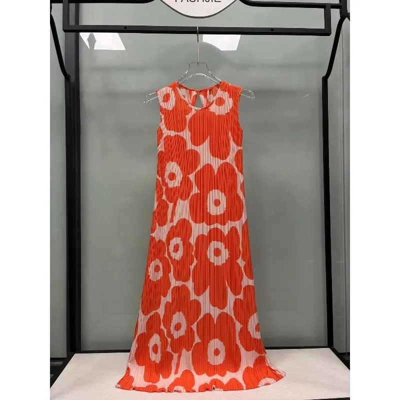 Miyake Pleated Sleeveless Dresses Plisse 2026 Summer New Loose Plus Size Fashion Casual Slimming Pleats Fold Printed Long Dress — image 6